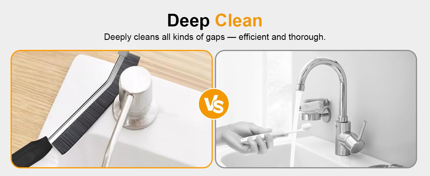 Text reads: 'Deep Clean' and 'Deeply cleans all kinds of gaps — efficient and thorough.' Comparison images showing cleaning tool reaching into various gaps and crevices with 'VS' symbol between panels.