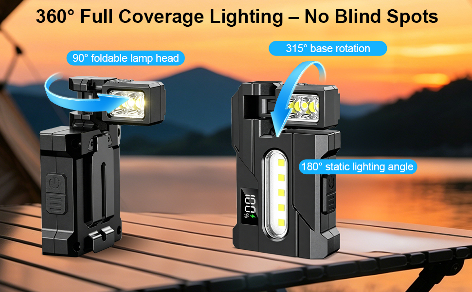 Text reads '360° Full Coverage Lighting – No Blind Spots. 80° Rotating lamp head. 65° Adjustable Stand. 120° Lighting angle.' Two black portable work lights with rotating heads photographed against sunset background demonstrating coverage angles.