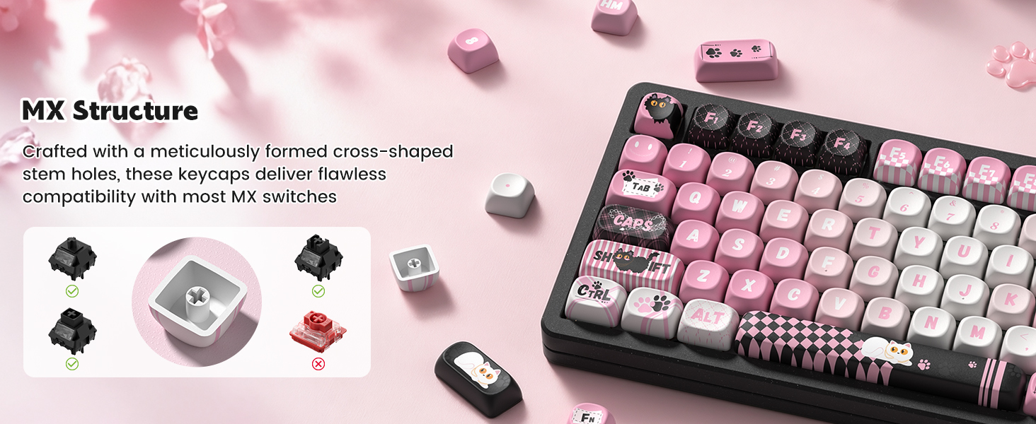 Compatible with Cherry MX and most MX-style switches, these keycaps for mechanical keyboard setups