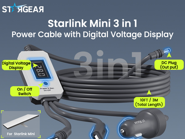 Starlink Mini 3 in 1 Power Cable with Digital Voltage Display