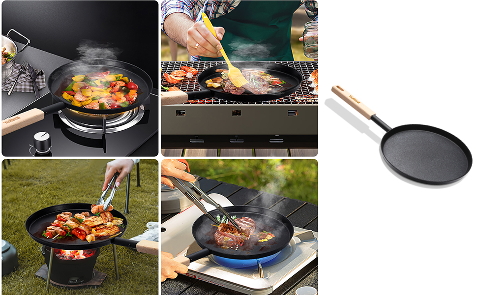 bodkar Frying Pan Skillet Pre-Seasoned 9-inch Flat Griddle Pan with Detachable Wood Handle