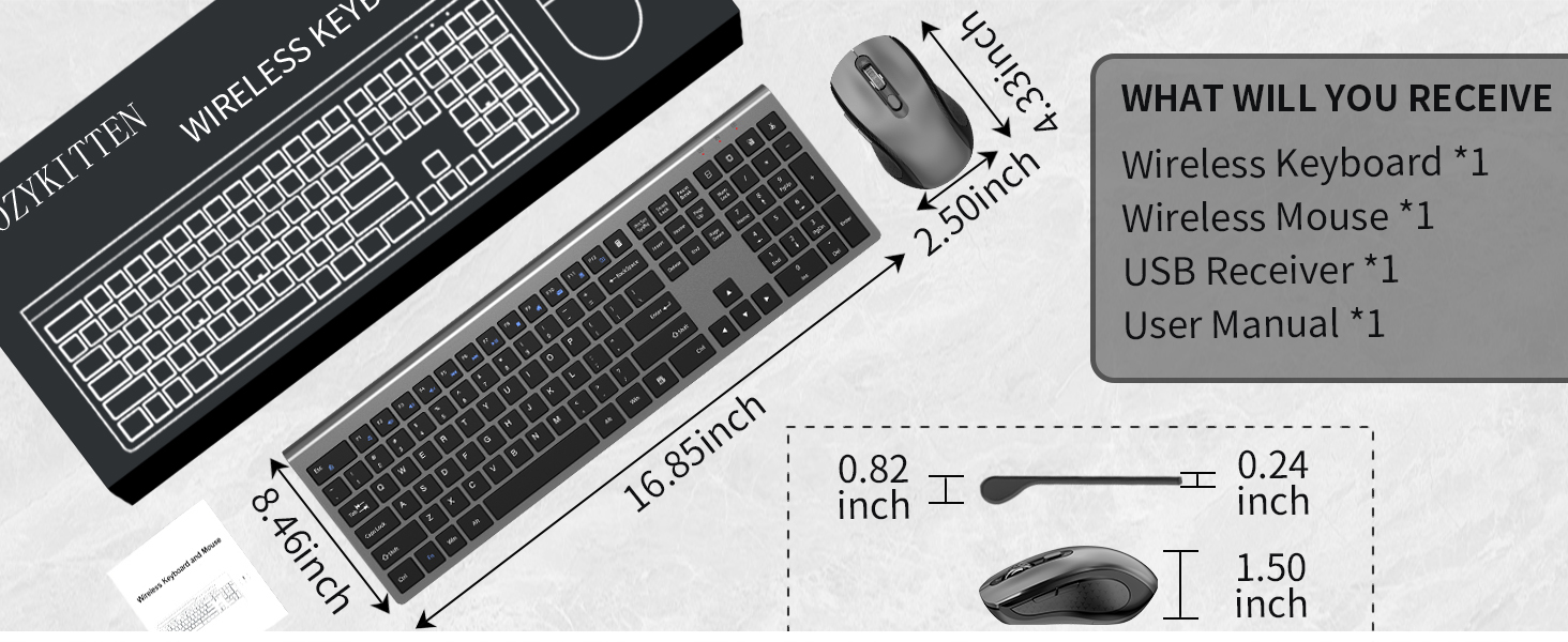 Size and packaging diagram of wireless keyboard and mouse