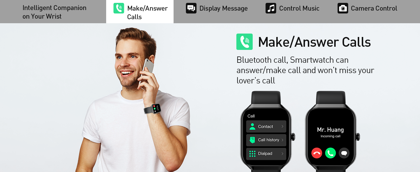 Smartwatch interface demonstration showing call functions with two watch screens displaying incoming call interface.