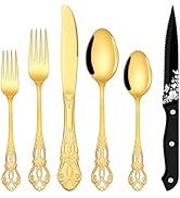 EUIRIO 48 Pieces Retro Royal Silverware Set for 8, Gorgeous Gold Flatware Set with Steak Knives, ...