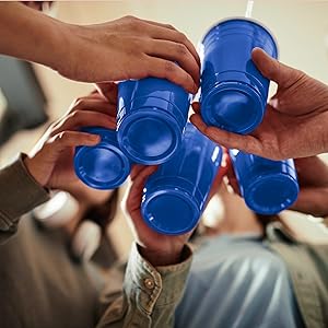 Navy Blue Plastic Cups. Disposable, recyclable, durable.