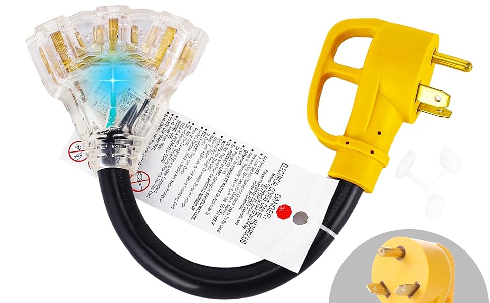 10V RV Generator Adapter Cord,NEMA TT-30P Male to 3X5-15R/5-20R Female T-Blade Household Connectors