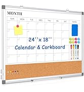 Monthly Calendar Whiteboard Dry Erase Cork Board Combo for Wall, 24" x 18" Double-Sided Calendar ...