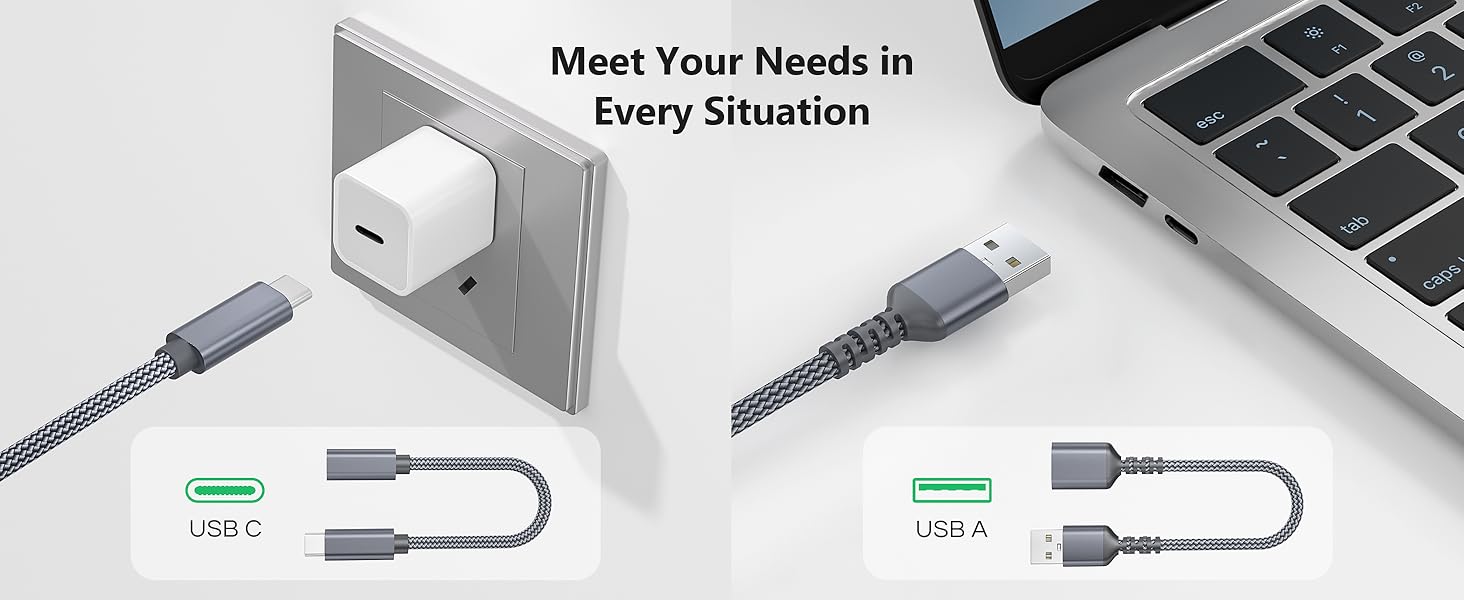 Text reads 'Meet Your Needs in Every Situation'. Multiple views of USB or charging cables connecting to various ports on electronic devices.