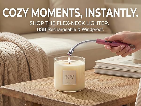 electric candle lighter with flexible neck lighting a candle in a glass jar.