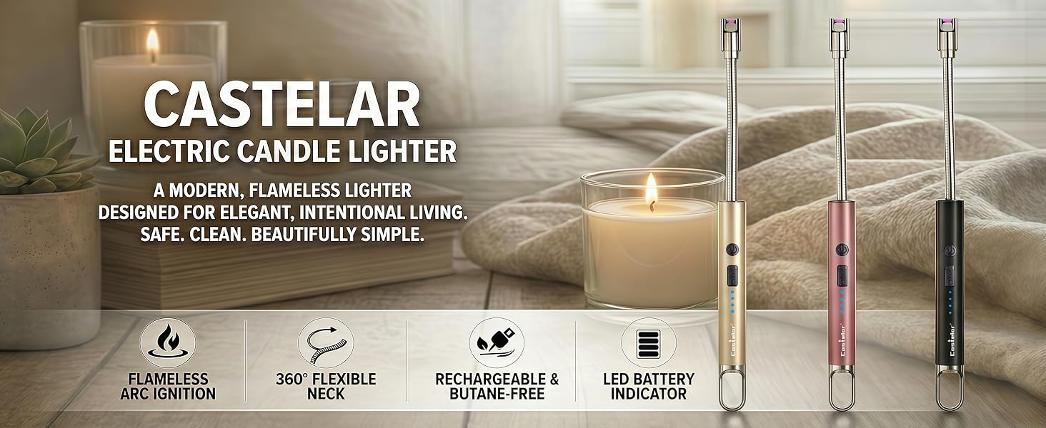 CASTELAR Electric Candle Lighter with 360 flexible neck in gold, pink and black.