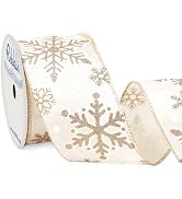 Ribbli Champagne Snowflake Wired Ribbon,White Satin with Big Glitter Snowflake Christmas Ribbon f...