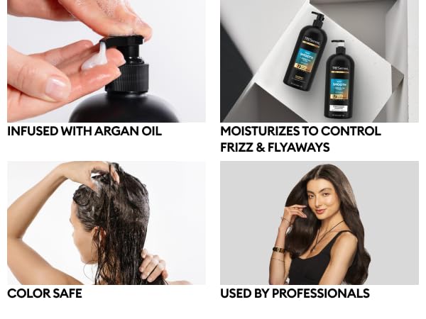 4 images showing shampoo dispensing, product bottles, wet hair, and smooth hair results.