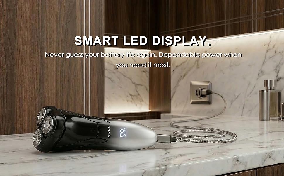 Smart LED display shaver showing battery life with Type C charging for dependable power