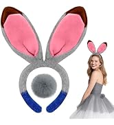 Voiiake Grey Bunny Ears Headband and Tail Set, Bunny Costume Accessories for Women Adult, Plush &amp;...