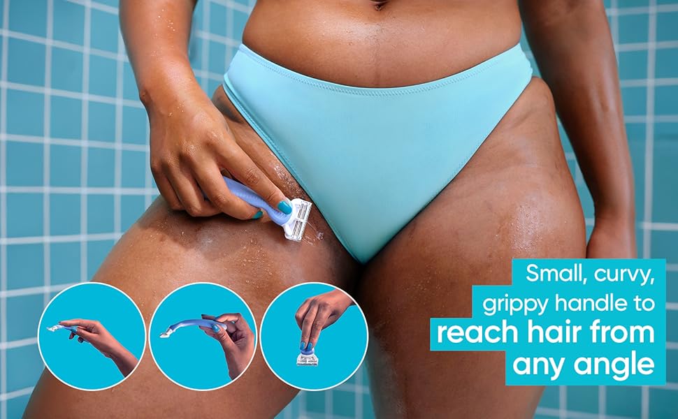 A woman is shaving her pubic area with the Venus Pubic Hair &amp;amp; Skin Razor, it helps protect thin skin