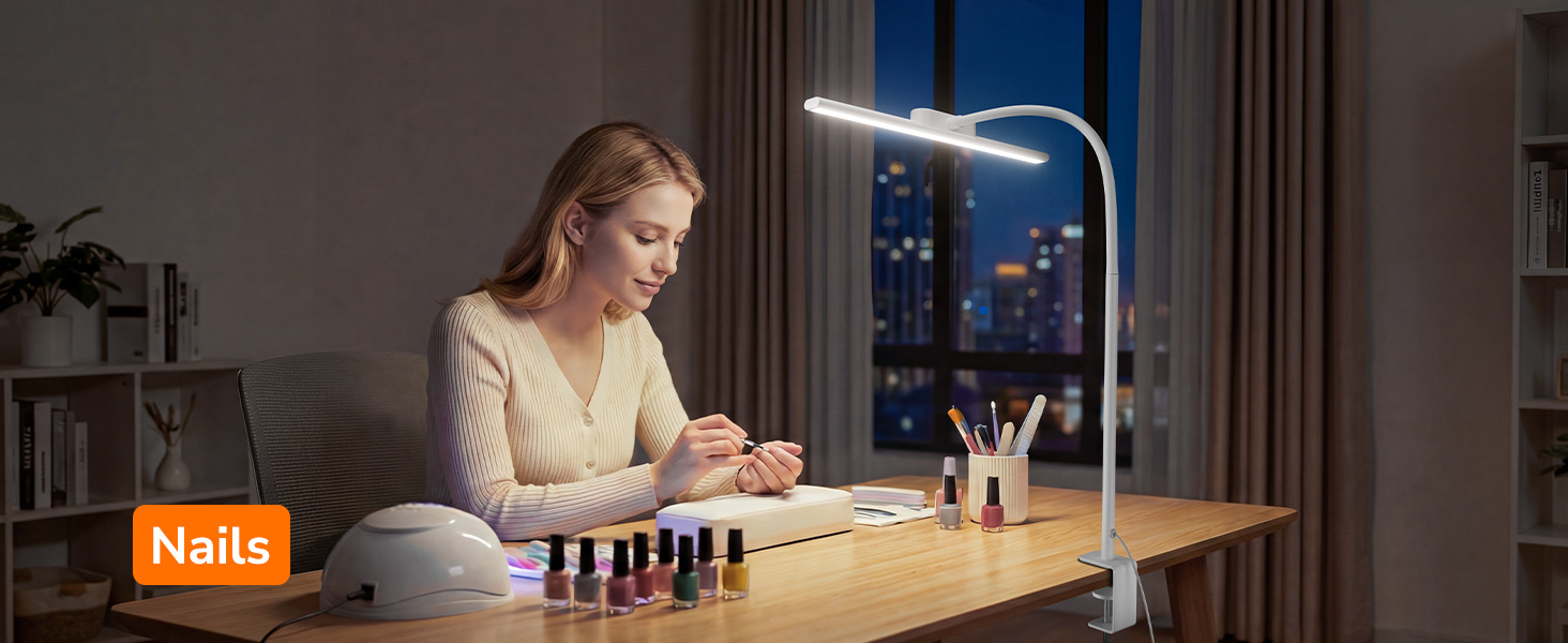 Text reads 'Nails'. Series of images showing illuminated desk or study environments with focused lighting on work surfaces in evening/night settings.