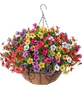 HyeFlora Artificial Faux Hanging Plants Flowers Basket for Summer Outdoor Outside Decoration, Fak...
