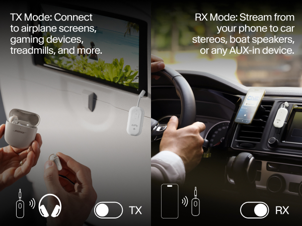 AirFly Pro 2 shown in Transmitter and Receiver Modes, connecting to airplane and car audio systems