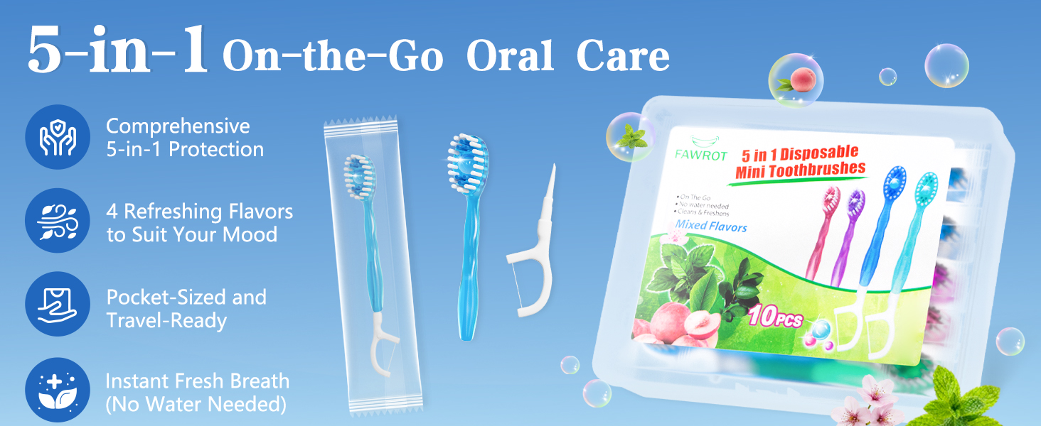 5-in-1 Mini Disposable Toothbrush with Pre-Pasted Fresh Bead