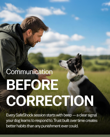 Dog trainer kneeling to eye level with border collie in open grass field, gentle eye contact