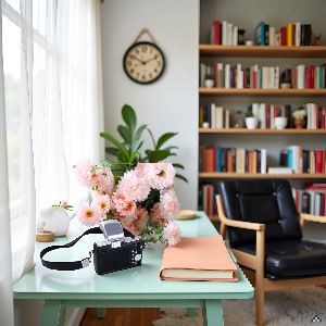 A vintage-style camera lens surrounded by various photography accessories on a wooden surface.