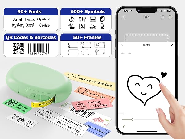 Label App: 40 fonts, 30 frames, 450+ icons for custom designs.