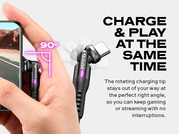 Mobile gaming charging adapter with 90-degree rotating tip design, allowing simultaneous charging and gameplay without cord interference.