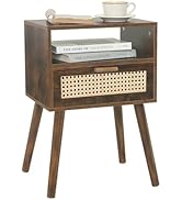 MaxSmeo Mid Century Nightstand, Rattan Side Table with Drawer, Wood Modern Bedside Table for Bedr...