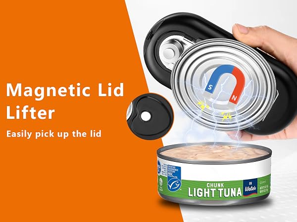 Electric can opener with a built-in magnetic lid holder that removes can lids safely after opening.