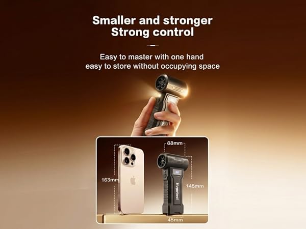Hand holding small Hopetool fan compared with smartphone showing 145mm height