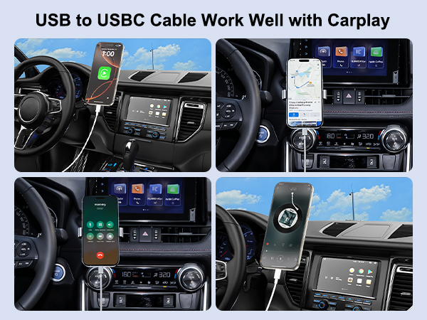 Text reads 'USB to USBC Cable Work Well with Carplay'. Multiple vehicle dashboard images showing connected smartphone integration with car display interfaces.