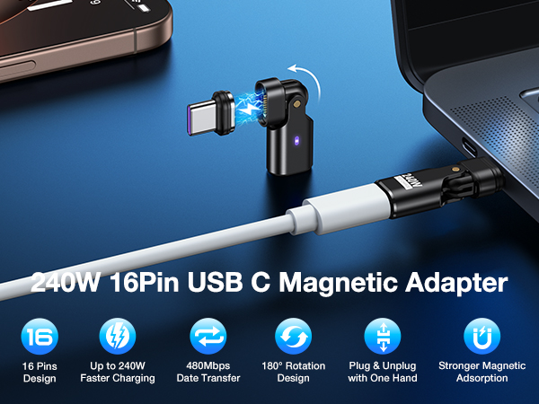 240W 16Pin USB-C magnetic adapter with rotating head, fast charging, and data transfer capabilities. Shown connected to a laptop and smartphone on a blue background.