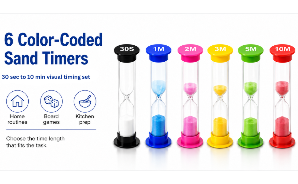 6 color-coded sand timers for home, board games, and kitchen prep