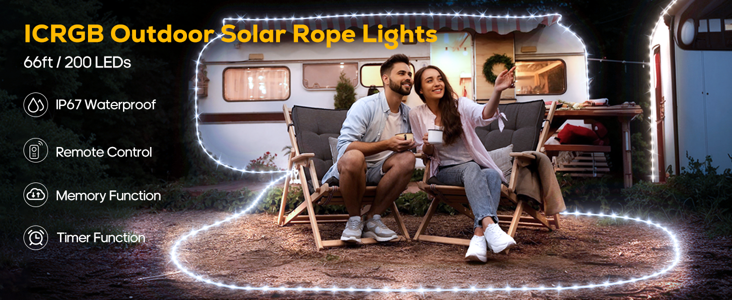 66FT solar rope lights for outdoor camping rv