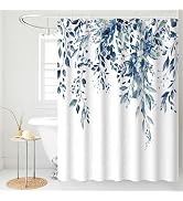Baires Bath Shower Curtain Blue Eucalyptus, Watercolor Leaves with Floral, Waterproof Bathroom Sh...