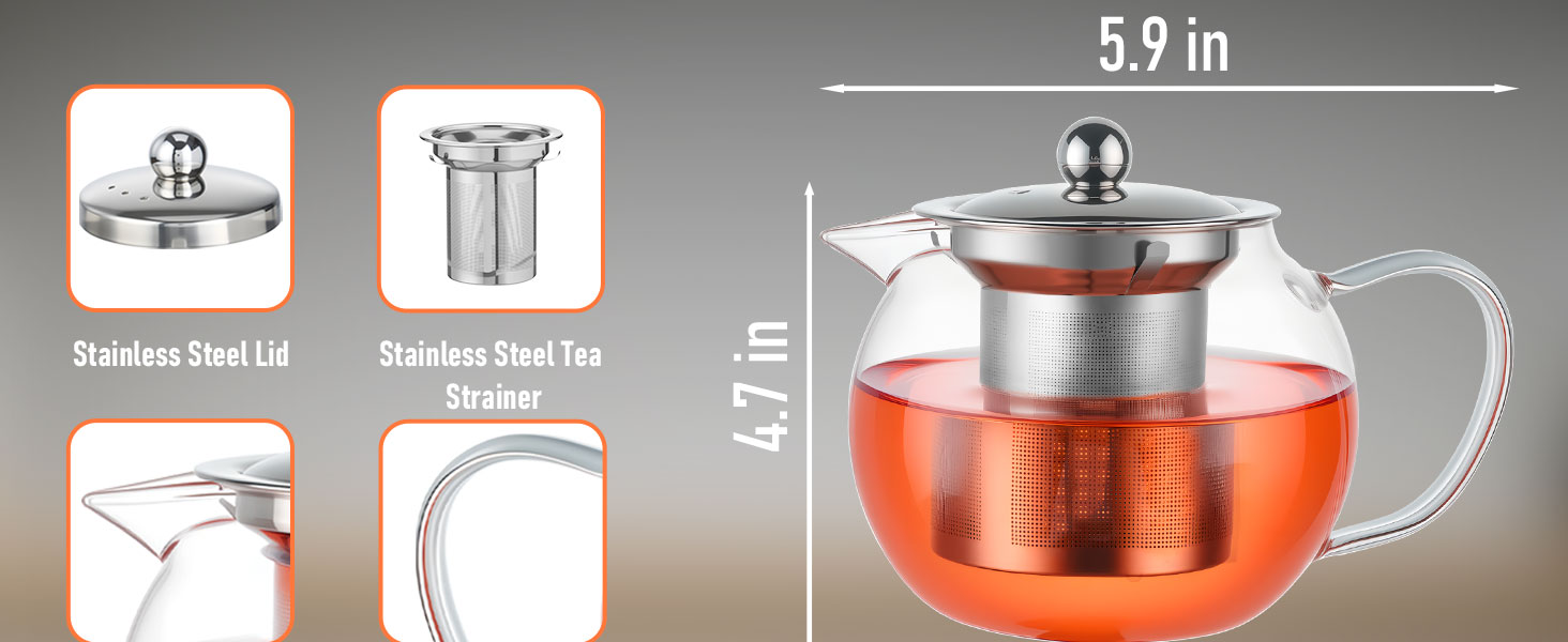 Glass Teapot Stovetop 22 OZ/650ml, Tea pot with Removable 18/8 Stainless Steel Infuser