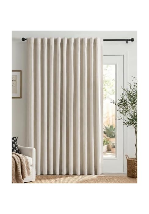 Linen Textured Total Blackout Sliding Door Curtains 84 Inches Long, Cream | 100% Blackout Shield ...