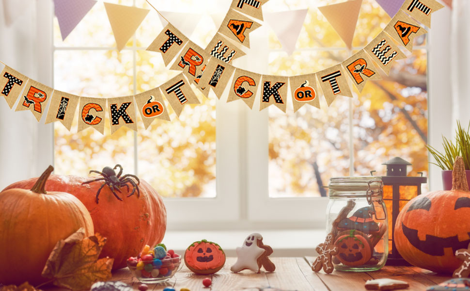Halloween Banner Happy Trick or Treat Hanging Burlap Banner for Fireplace, Halloween