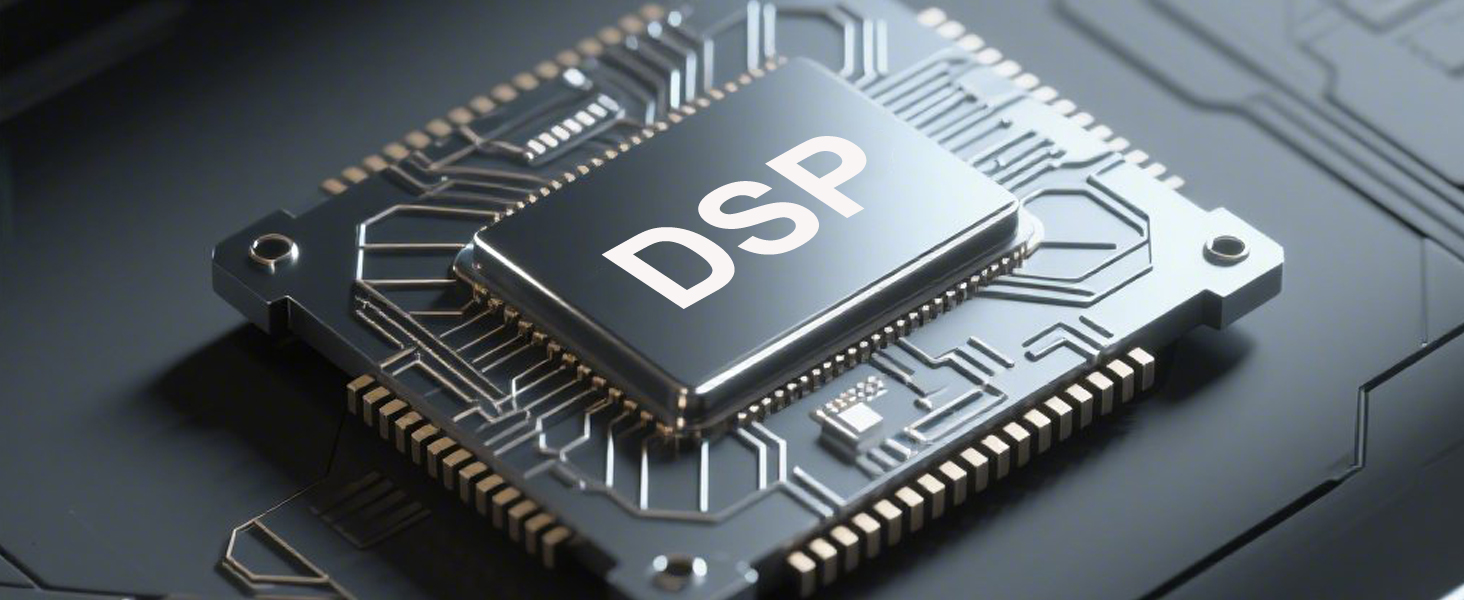 Close-up of a digital signal processor (DSP) chip mounted on a circuit board. The chip has 'DSP' printed on its surface and is surrounded by intricate circuit patterns.