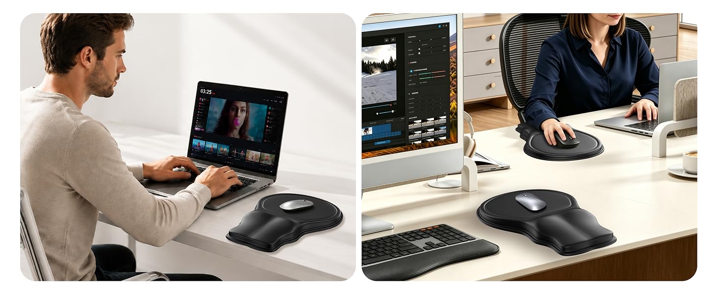 Man and woman using the ergonomic mouse pad at home office desks with laptops and monitors.