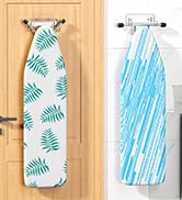 Two ironing board covers hanging on wooden doors. Left cover has green fern pattern on white background. Right cover has light blue wavy lines on white background.