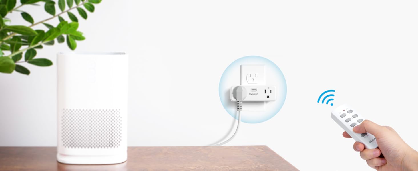a hand-using remote control outlet plug to manage home appliances like air humidifier