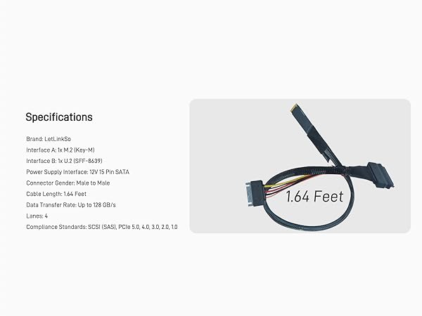LetLinkSo Gen5 PCIe 5.0 U.2 to M.2 Adapter Card SFF-8639 to M2 NVMe SSD Cable