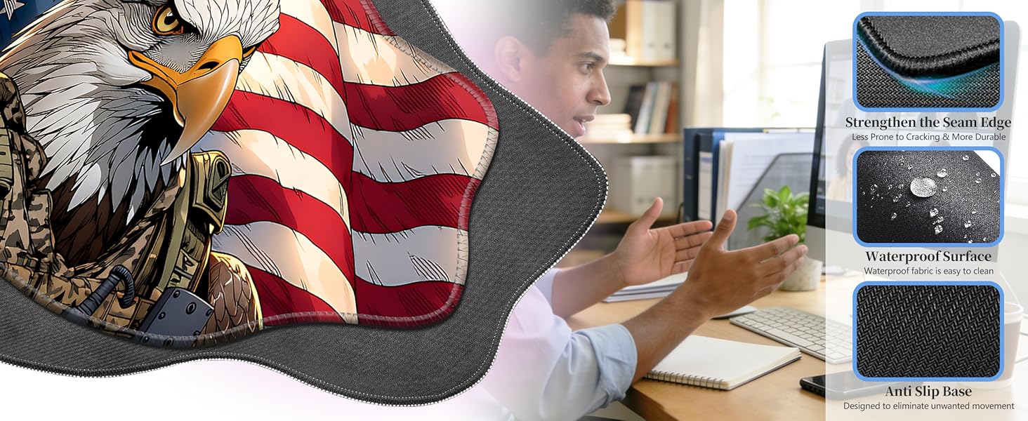 USA flag eagle mousepad features including stitched edges, waterproof surface, and anti-slip base.