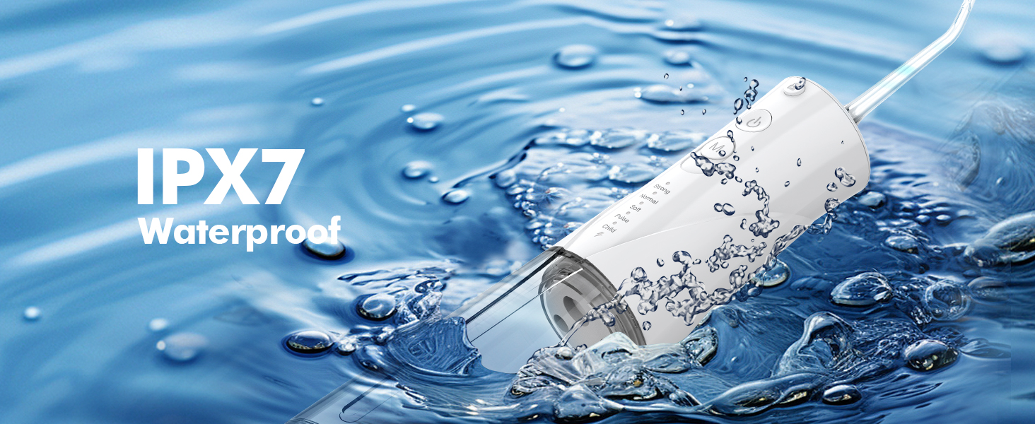 Cylindrical white device submerged in water with droplets. Text indicates IPX7 waterproof rating, showcasing its water-resistant capabilities.