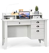 Tangkula White Computer Vintage Desk with 4 Storage Drawers &amp; Hutch, Storage Shelves, Wooden Exec...