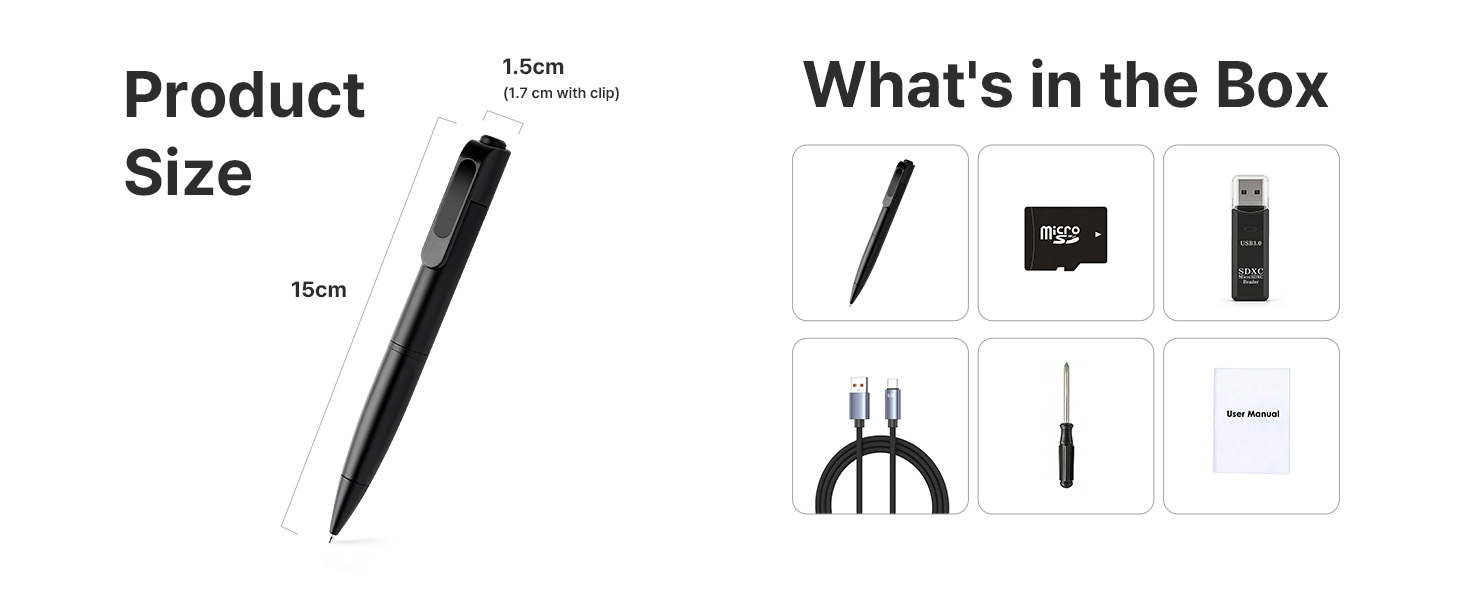 Damoa pen camera size 15cm and box contents including SD card, reader, USB cable, and manual