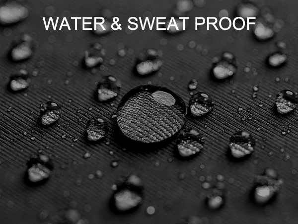 Close-up of water droplets beading on black water-resistant fabric surface, demonstrating water and sweat proof properties.