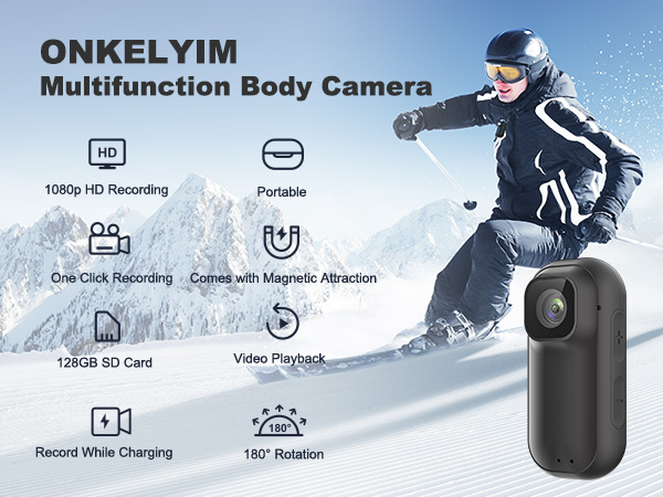 Text reads 'ONKELYIM Multifunction Body Camera' with icons showing features like 'Record While Charging', 'HD Resolution', '360° Rotation'. Shows product images against winter sports background.