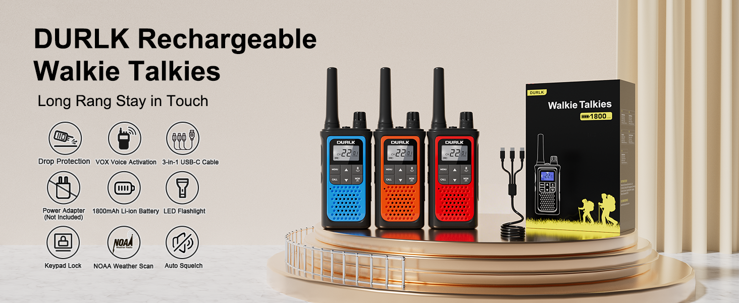 DURLK 3 pack walkie talkies long range in blue orange red with adapter cables and box